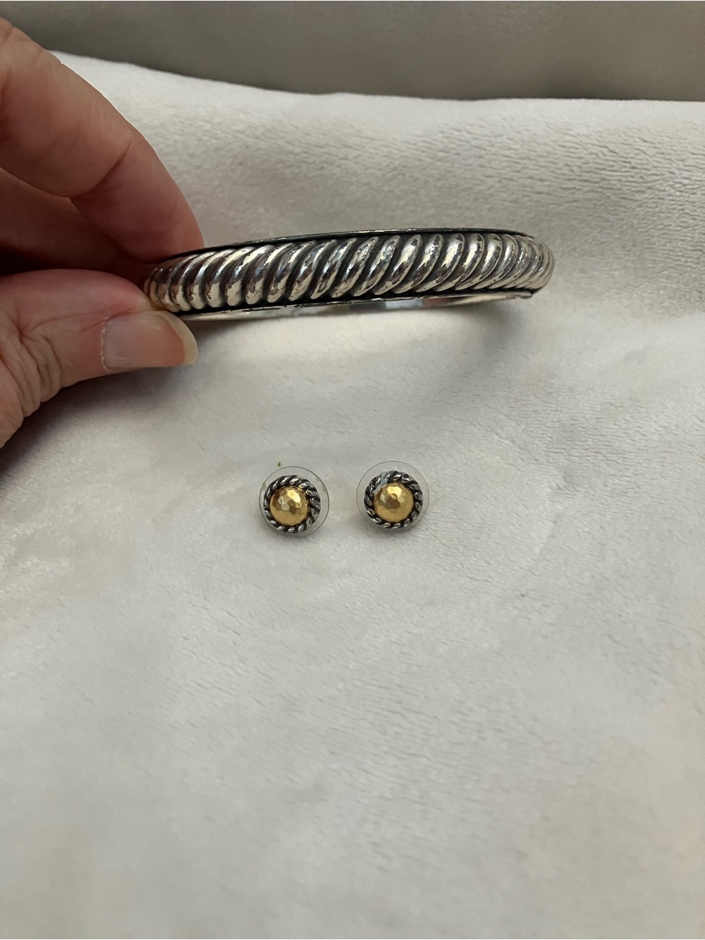 Brighton Two-Tone Silver and Gold Bangle Bracelet with Gold Accent Stud Earrings - Picture 3 of 4